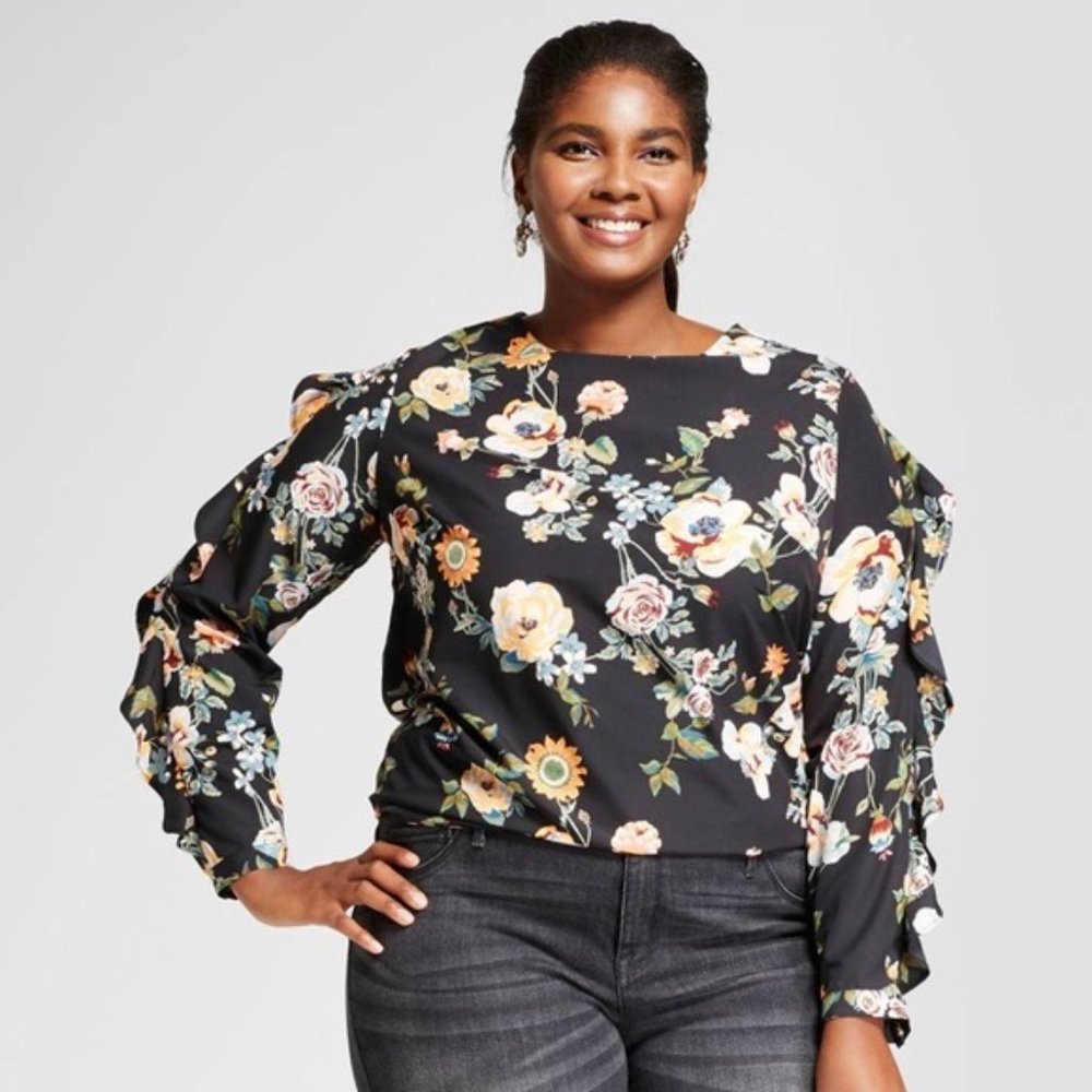 Ava & Viv Floral Ruffle Sleeve Blouse Plus 1X